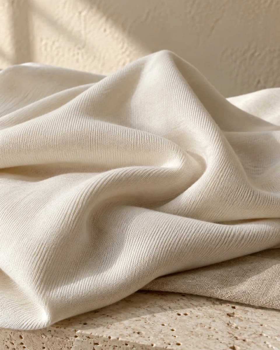 Cotton material mood: sculptural folds of ivory jersey on pale stone