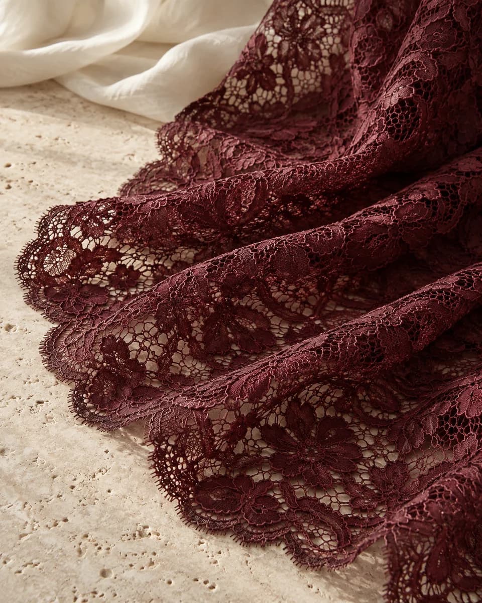 Lace material mood: burgundy floral lace with a scalloped edge