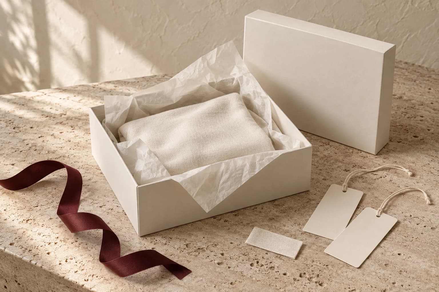 Packaging concept with a blank ivory box, tissue, hangtags, woven label and burgundy ribbon
