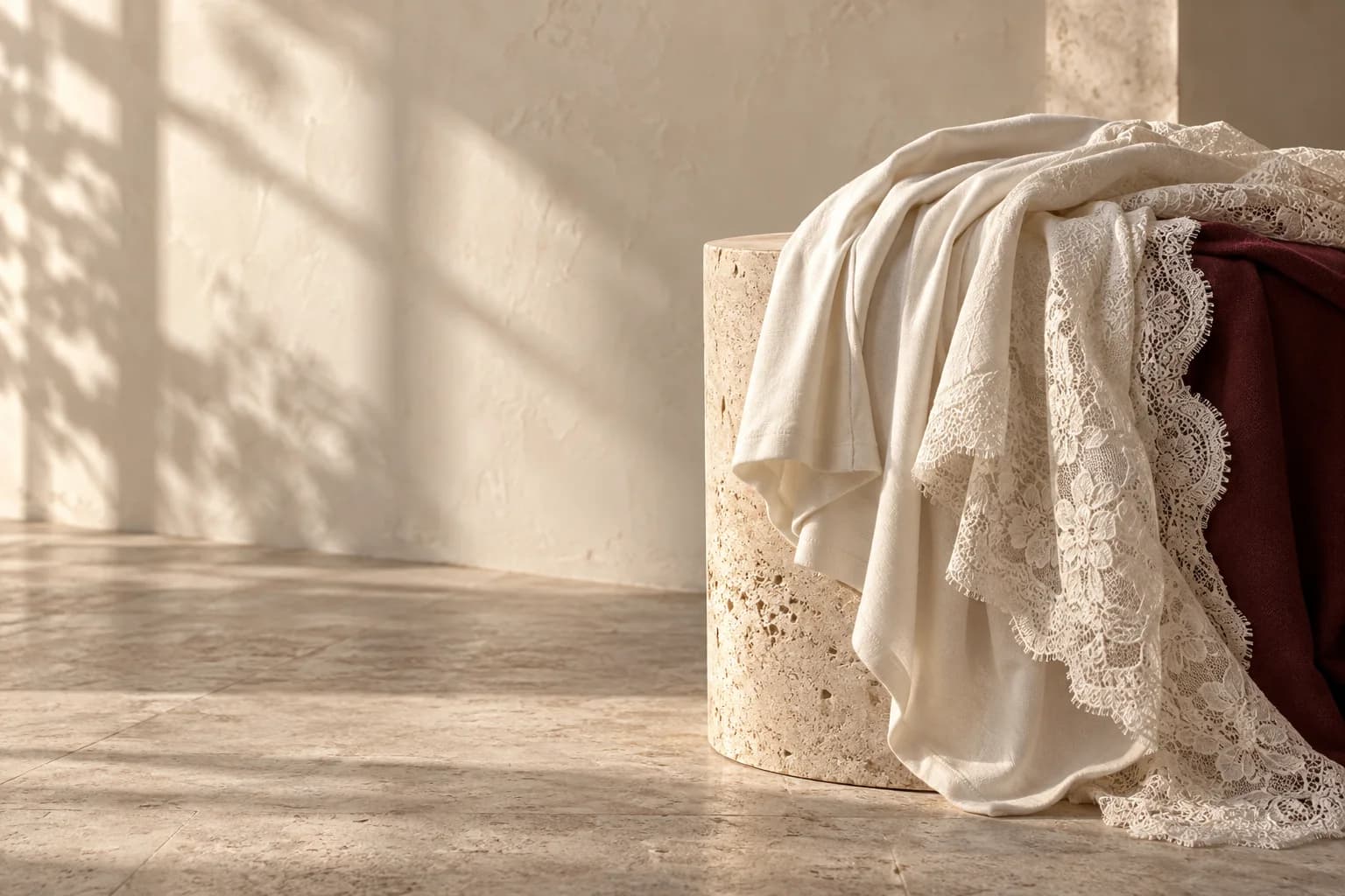 Concept still life of ivory cotton and lace in warm natural light