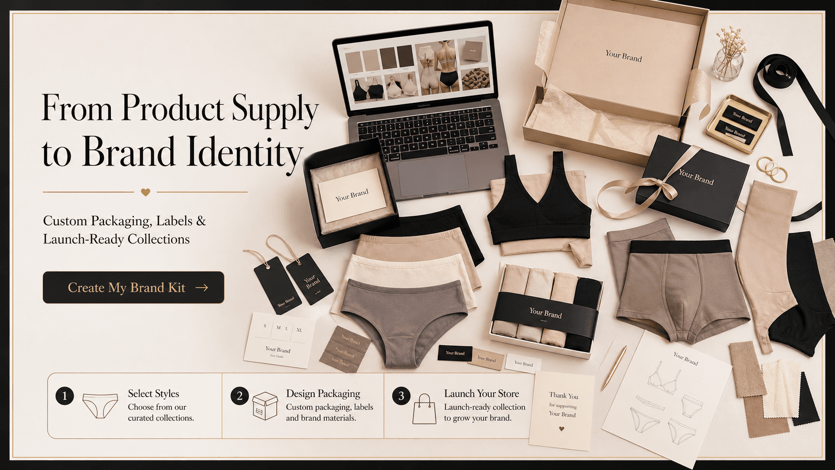 Private label underwear packaging and brand identity kit showcasing custom box, labels, and tags
