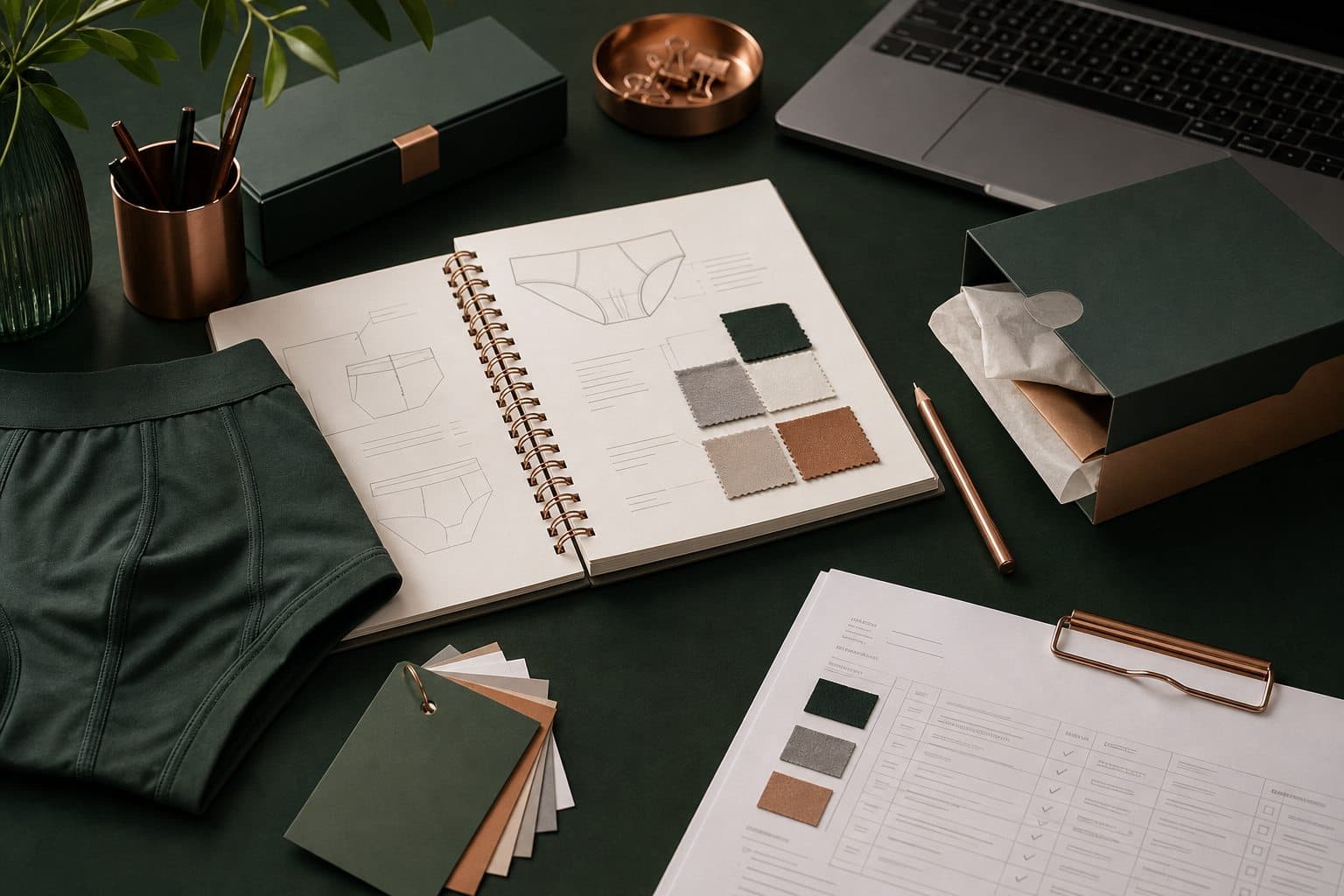Underwear buyer sourcing desk with fabric swatches, packaging sample, notebook, and QC documents